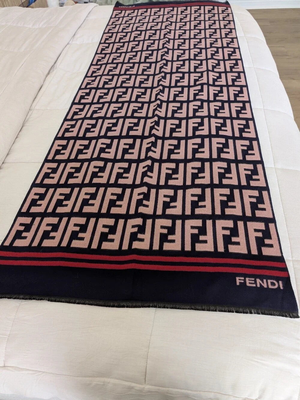 Fendi Pink and Black FF Monogram Throw with Red Stripe